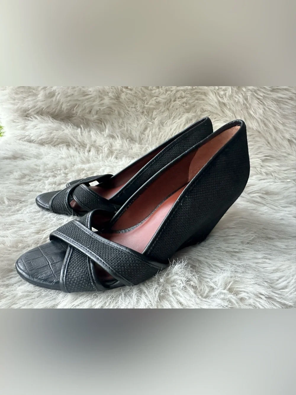 Elizabeth and James Black Textured Wedge Peep-Toe Pumps 6